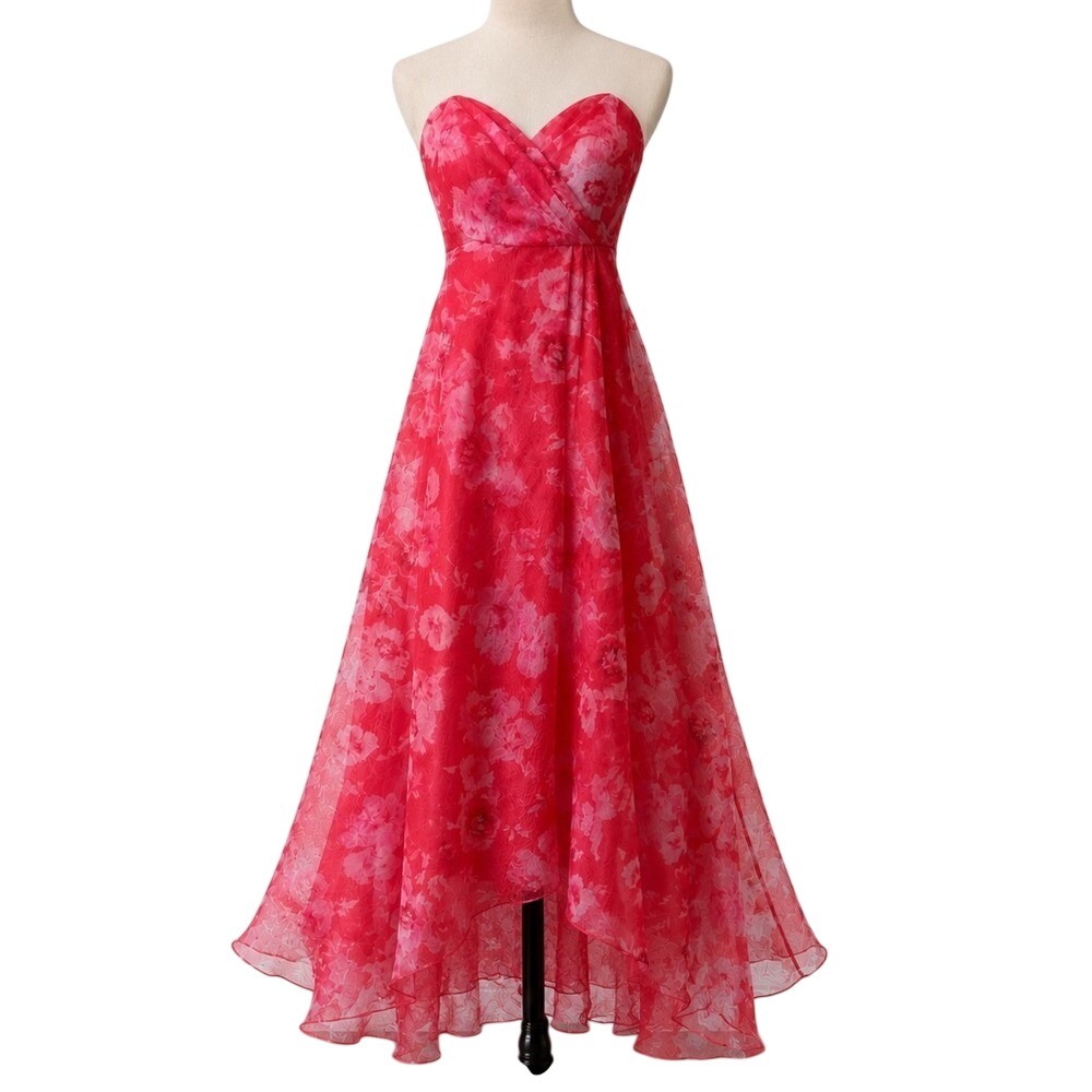 ML Monique Lhuillier Floral Organza High Low Gown Pink Strapless Size 4 NWOT